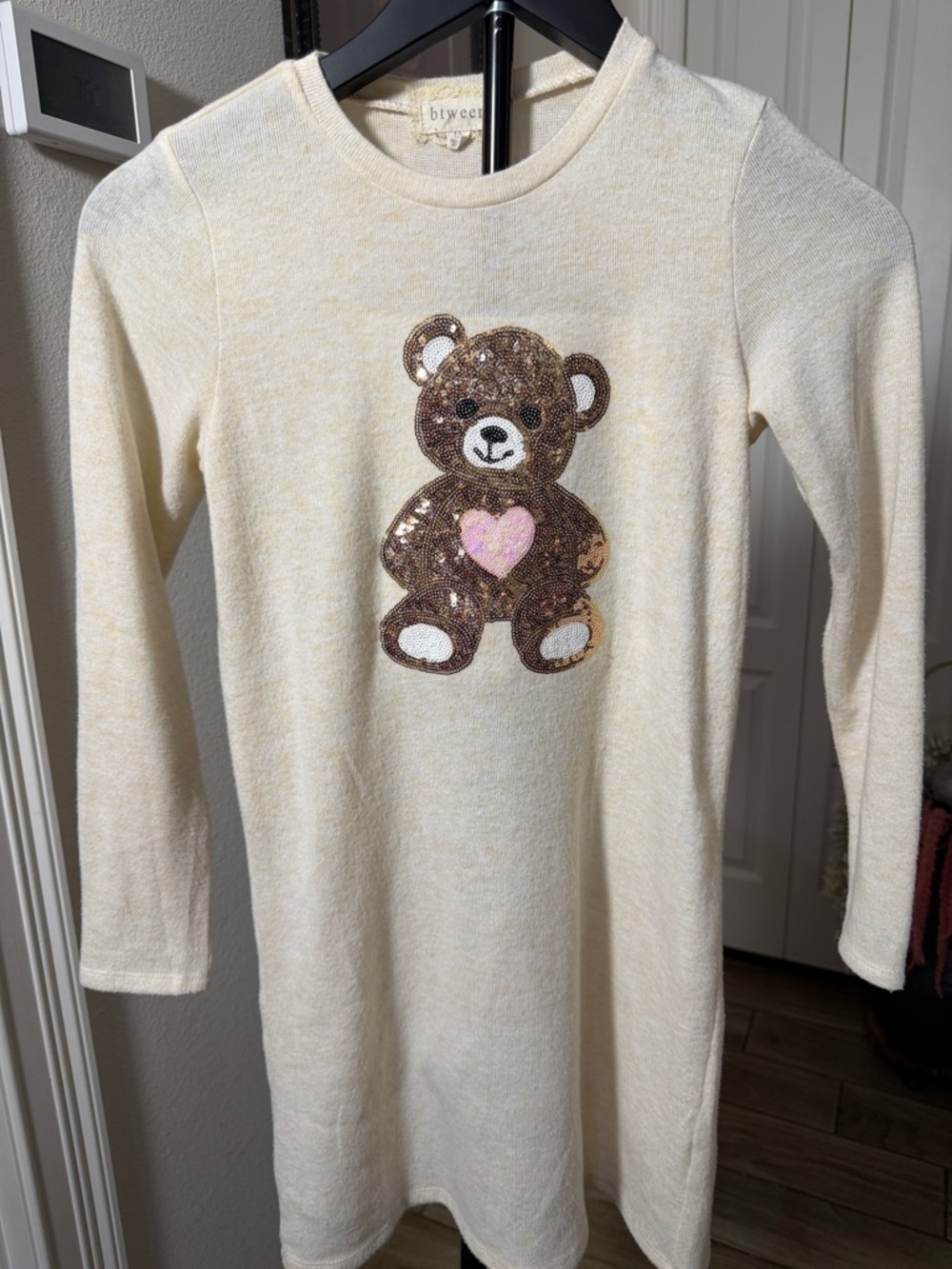 btween Cream Knit Dress with Sequin Brown Teddy and Pink Heart
